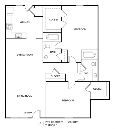 Floor plan for 2 beds, 2 baths, 980 sqft